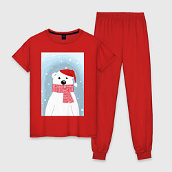 Пижама хлопковая женская Мультяшный белый медведь в красной шапке с шарфом, цвет: красный