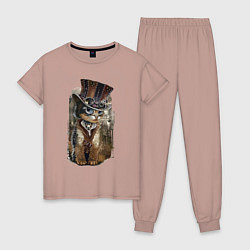 Пижама хлопковая женская Прикольный котёнок в шляпе, цвет: пыльно-розовый