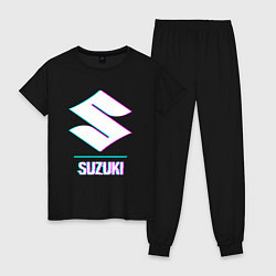 Пижама хлопковая женская Значок Suzuki в стиле glitch, цвет: черный