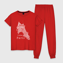 Пижама хлопковая женская Эйфелева башня и надпись Я люблю Париж, цвет: красный