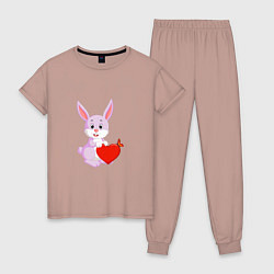 Пижама хлопковая женская Кролик с сердцем, цвет: пыльно-розовый