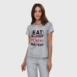 Пижама хлопковая женская Надпись: eat sleep Portal repeat, цвет: меланж — фото 2