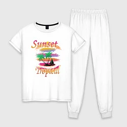 Пижама хлопковая женская Пальмы на закате в тропиках, цвет: белый