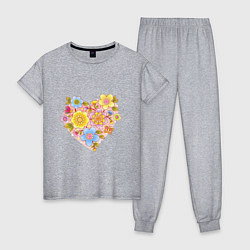 Пижама хлопковая женская Орнамент цветочный в форме сердца Любовь, цвет: меланж