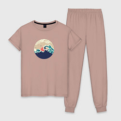 Пижама хлопковая женская Большие океанские волны и силуэт острова на закате, цвет: пыльно-розовый
