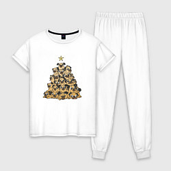 Пижама хлопковая женская Новогодняя елка из мопсов, цвет: белый
