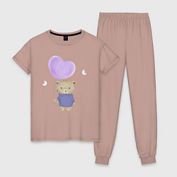 Пижама хлопковая женская Милый медвежонок с шариком и бабочками, цвет: пыльно-розовый