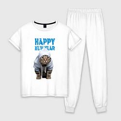 Пижама хлопковая женская Happy New Year - Прикольный котик, цвет: белый