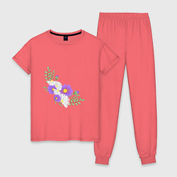 Пижама хлопковая женская Букет полевых цветов, цвет: коралловый