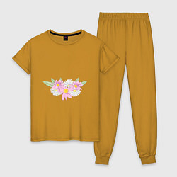 Пижама хлопковая женская Букет садовых цветов, цвет: горчичный