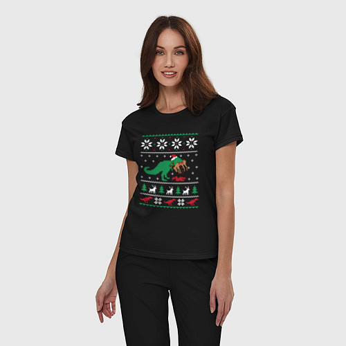 Женская пижама Новогодний тирекс - ugly sweater / Черный – фото 3