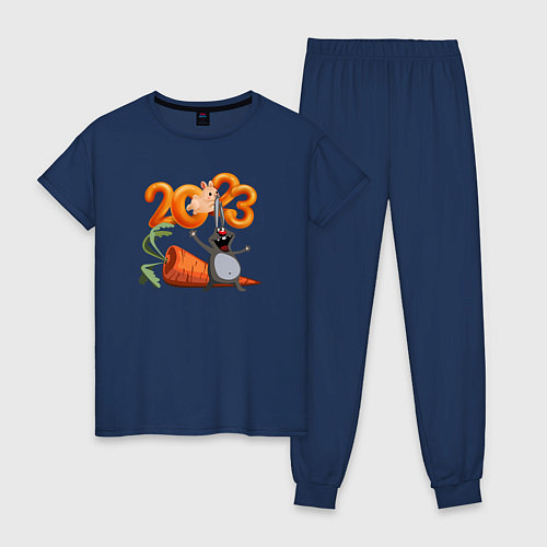 Женская пижама Заяц с большой морковкой - новый год / Тёмно-синий – фото 1