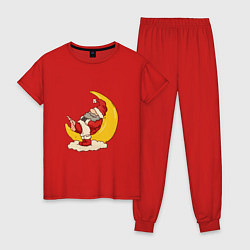 Пижама хлопковая женская Санта на луне, цвет: красный