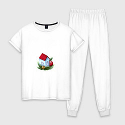 Пижама хлопковая женская Новогодний домик на еловых ветках, цвет: белый