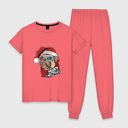 Пижама хлопковая женская Pug merry christmas, цвет: коралловый