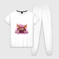 Пижама хлопковая женская Мопс с оленьими рогами, цвет: белый