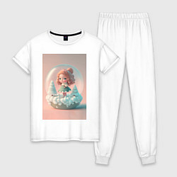 Пижама хлопковая женская Милая девочка-куколка с стеклянном Новогоднем шаре, цвет: белый