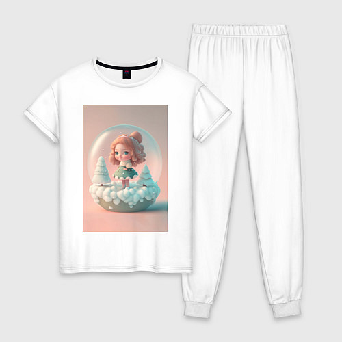 Женская пижама Милая девочка-куколка с стеклянном Новогоднем шаре / Белый – фото 1