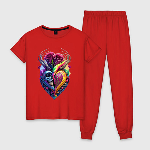 Женская пижама Сердце, череп и розы / Красный – фото 1