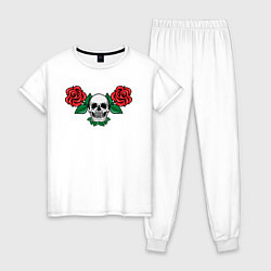 Пижама хлопковая женская Череп и красные розы, цвет: белый