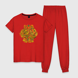 Пижама хлопковая женская Хохлома с птичками, цвет: красный