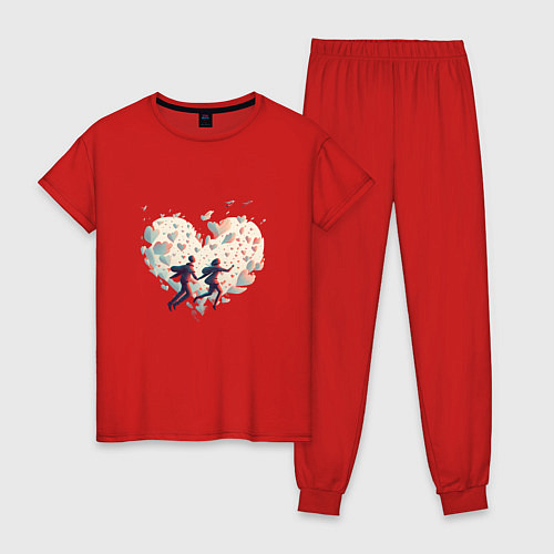 Женская пижама Влюбленные летят на фоне сердца / Красный – фото 1