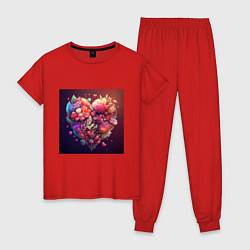 Пижама хлопковая женская Цветочное сердце на День Святого валентина, цвет: красный