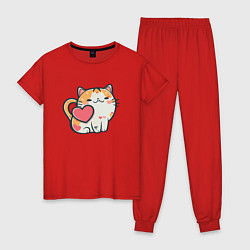 Пижама хлопковая женская Котик с сердечками, цвет: красный