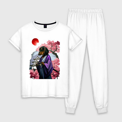 Женская пижама Такса-Самурай весенняя на фоне сакуры / Белый – фото 1