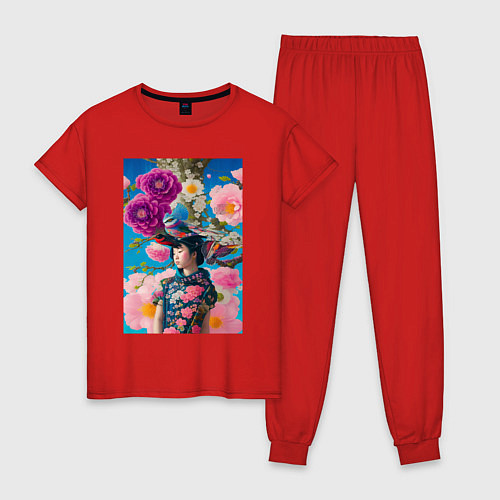 Женская пижама Японская девушка с птицами - нейросеть / Красный – фото 1