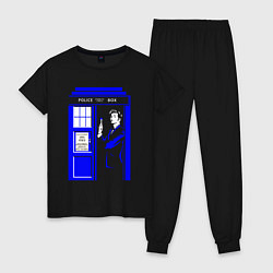 Пижама хлопковая женская Доктор Кто у двери Тардис, цвет: черный