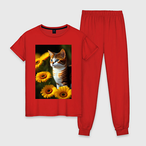 Женская пижама Red cat in flowers / Красный – фото 1