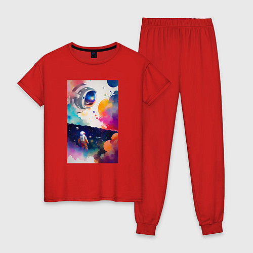 Женская пижама Абстрактный космонавт и разноцветные брызги краски / Красный – фото 1