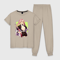 Пижама хлопковая женская Mitsuri Kanroji Demon Slayer, цвет: миндальный
