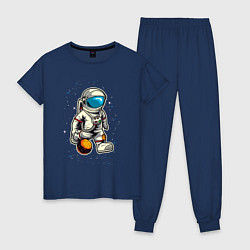Пижама хлопковая женская Космонавт играет планетой как мячом, цвет: тёмно-синий