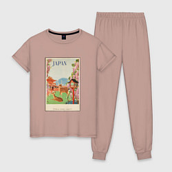 Пижама хлопковая женская Японский винтаж с оленями, цвет: пыльно-розовый