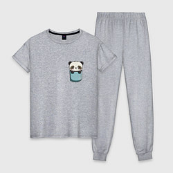 Пижама хлопковая женская Панда в кармашке, цвет: меланж