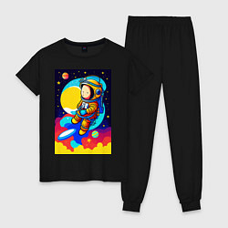 Пижама хлопковая женская Маленький космонавт, цвет: черный