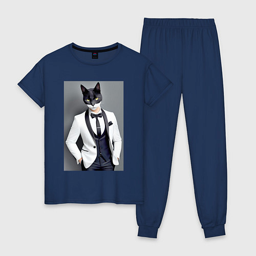 Женская пижама Кот-джентльмен - мем - нейросеть / Тёмно-синий – фото 1