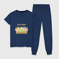 Пижама хлопковая женская Весенние цветы в палисаднике - привет, весна!, цвет: тёмно-синий