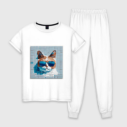 Женская пижама Цифровой кот в темных очках / Белый – фото 1