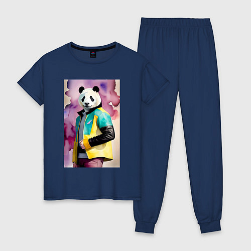 Женская пижама Панда в модной куртке - акварель / Тёмно-синий – фото 1