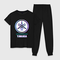 Пижама хлопковая женская Значок Yamaha в стиле glitch, цвет: черный
