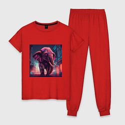 Пижама хлопковая женская Кибер-слон в свете неона, цвет: красный