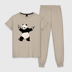 Пижама хлопковая женская Панда с пистолетами, цвет: миндальный