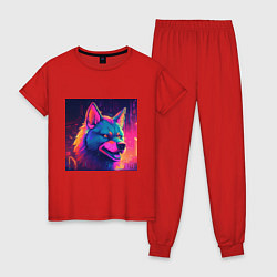 Пижама хлопковая женская Волк в неоновом свете, цвет: красный