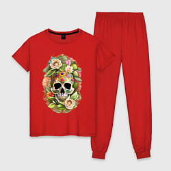 Пижама хлопковая женская Череп окружён цветами, цвет: красный