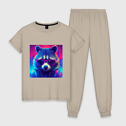 Пижама хлопковая женская Енот в очках и куртке на фоне неонового киберпанк-, цвет: миндальный