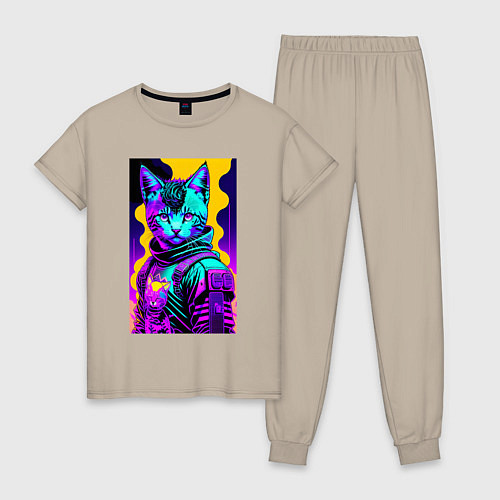 Женская пижама Прикольный неоновый котёнок - киберпанк / Миндальный – фото 1
