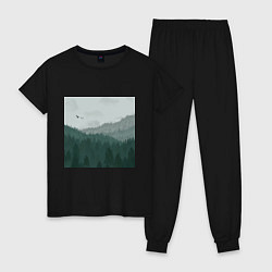 Пижама хлопковая женская Туманные холмы и лес, цвет: черный
